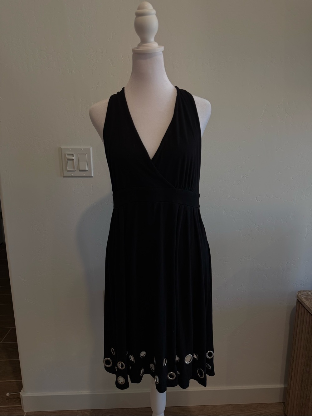 INC International Concepts Black Sleeveless V-Neck Midi Dress with Eyelet Hem